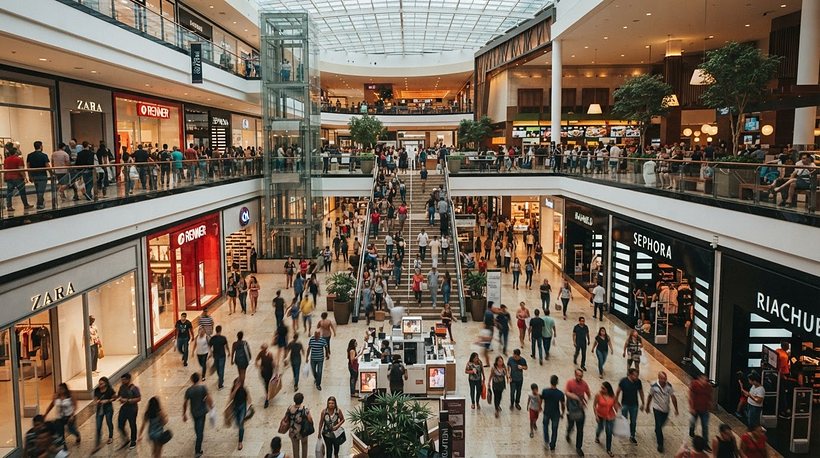 Vista interna de um shopping center lotado, com lojas nos dois níveis.
