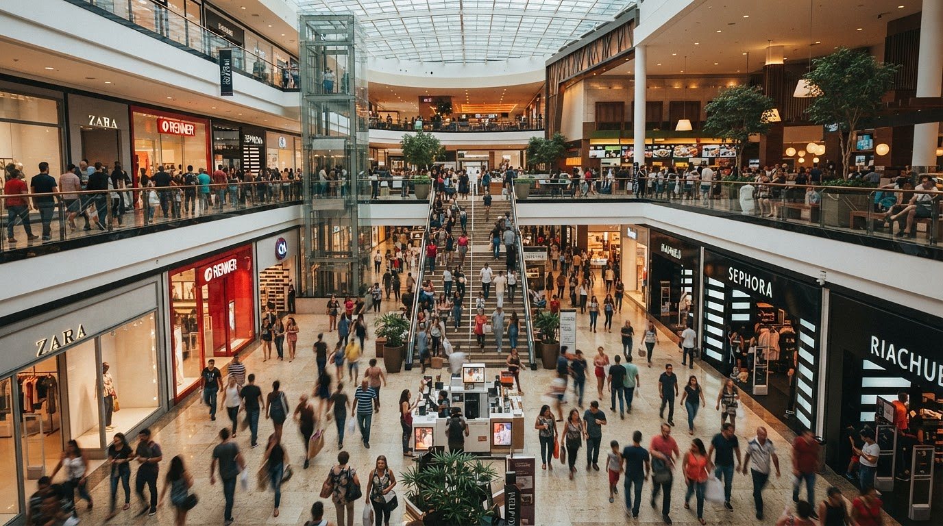 Vista interna de um shopping center lotado, com lojas nos dois níveis.
