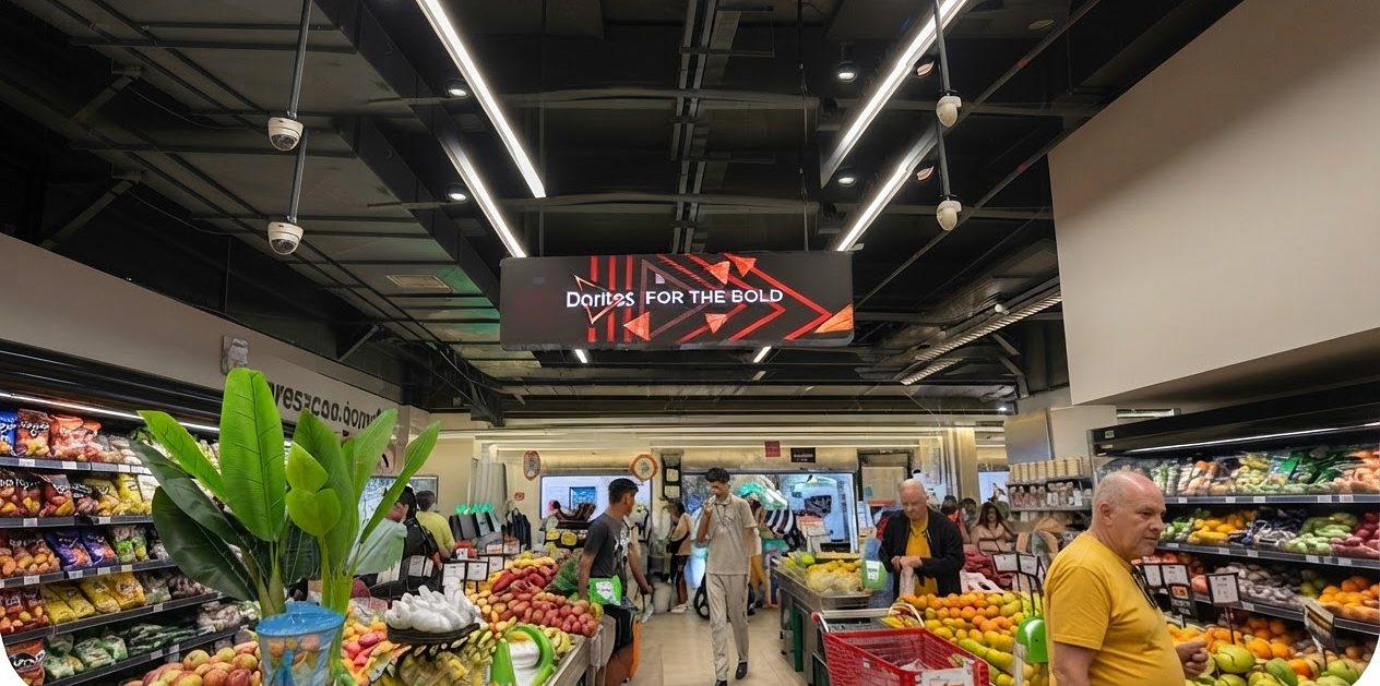 Setor de hortifrúti de um supermercado com tela de mídia digital ao fundo.